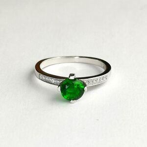 Emerald solitaire ring in Sterling Silver and White Sapphire size 6.75